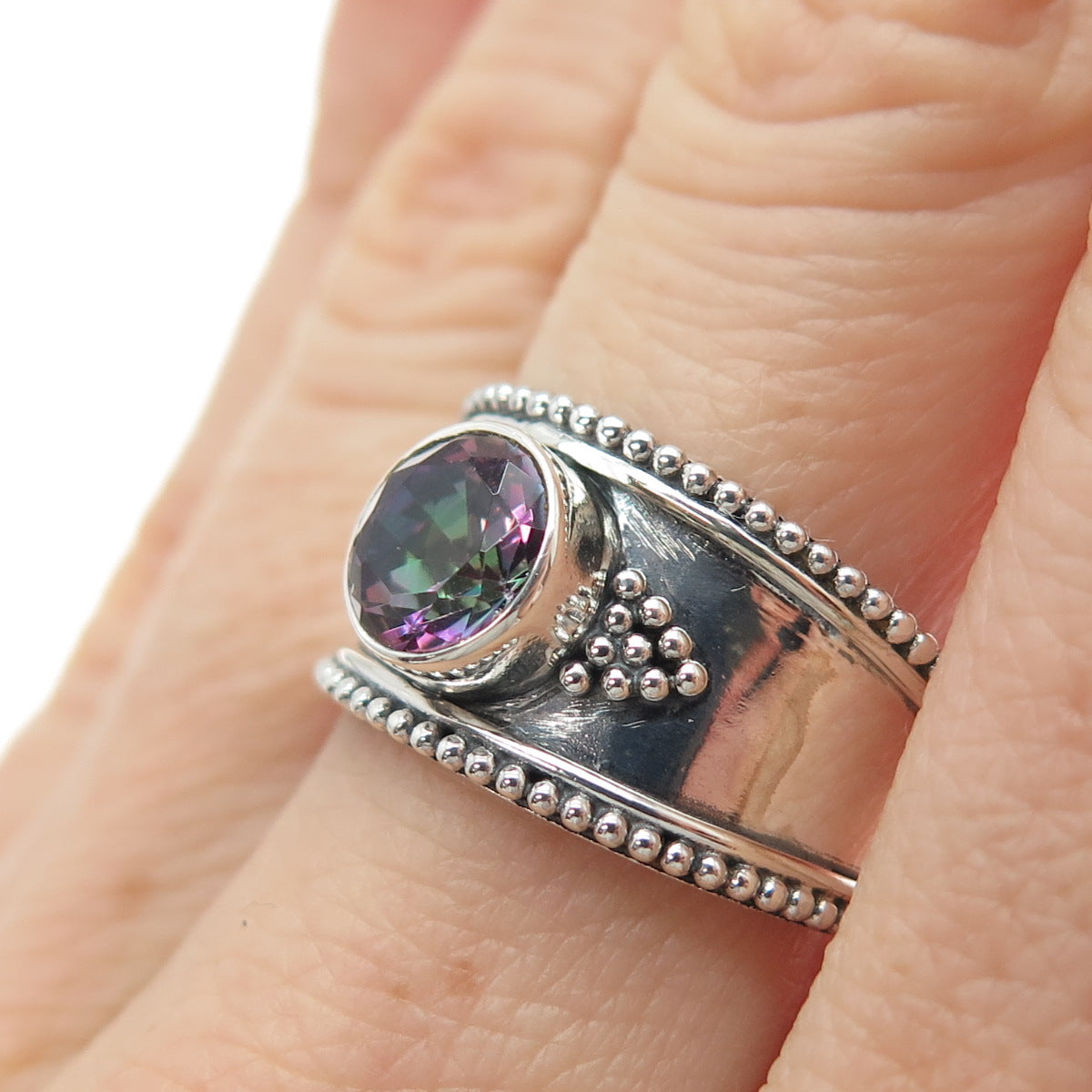 925 Sterling Silver Vintage Real Mystic Quartz Granulated Ring Size 7.5