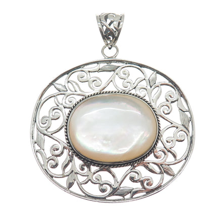 SX SALLY C 925 Sterling Silver Vintage Real MOP Ornate Floral Large Pendant