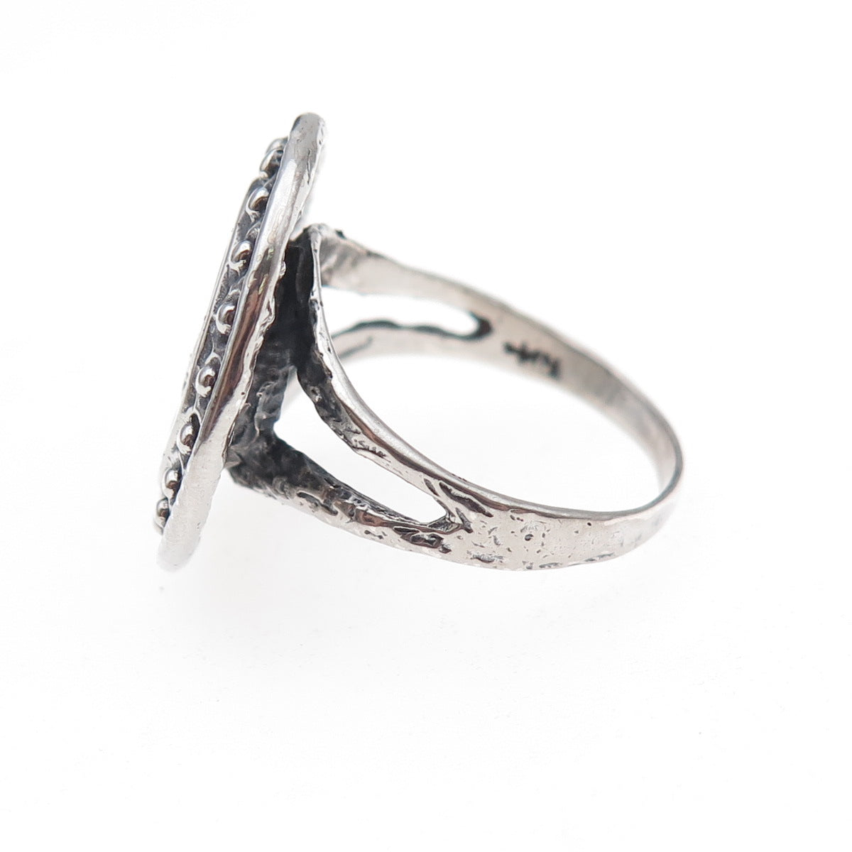 925 Sterling Silver Vintage Modernist Beaded Disc Oxidized Ring Size 9