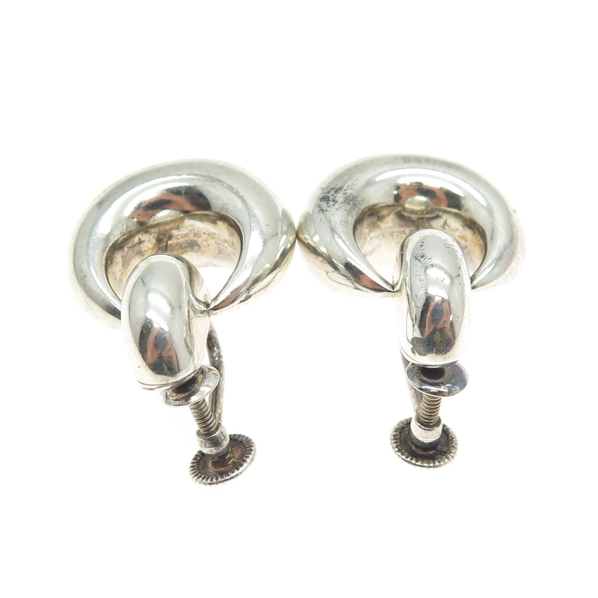 925 Sterling Silver Vintage Modernist Door Knocker Crescent Screw Back Earrings