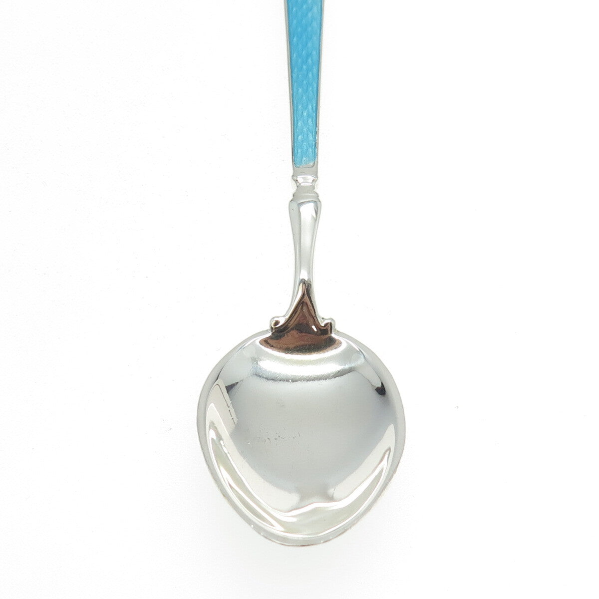 WATSON 925 Sterling Silver Vintage Blue & White Guilloche Enamel Coffee Spoon