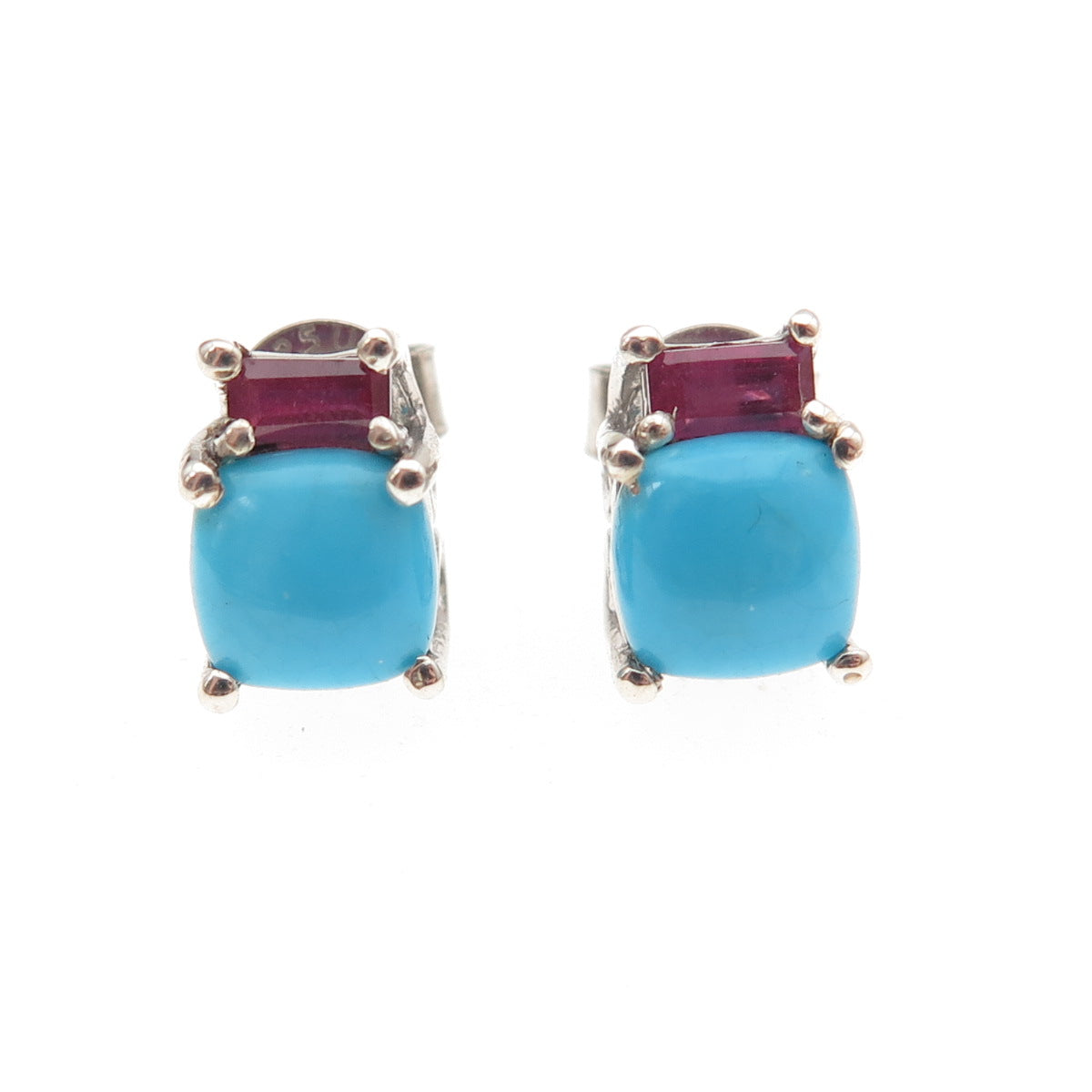 Chuck Clemency 925 Sterling Silver Real Turquoise & Ruby Stud Earrings