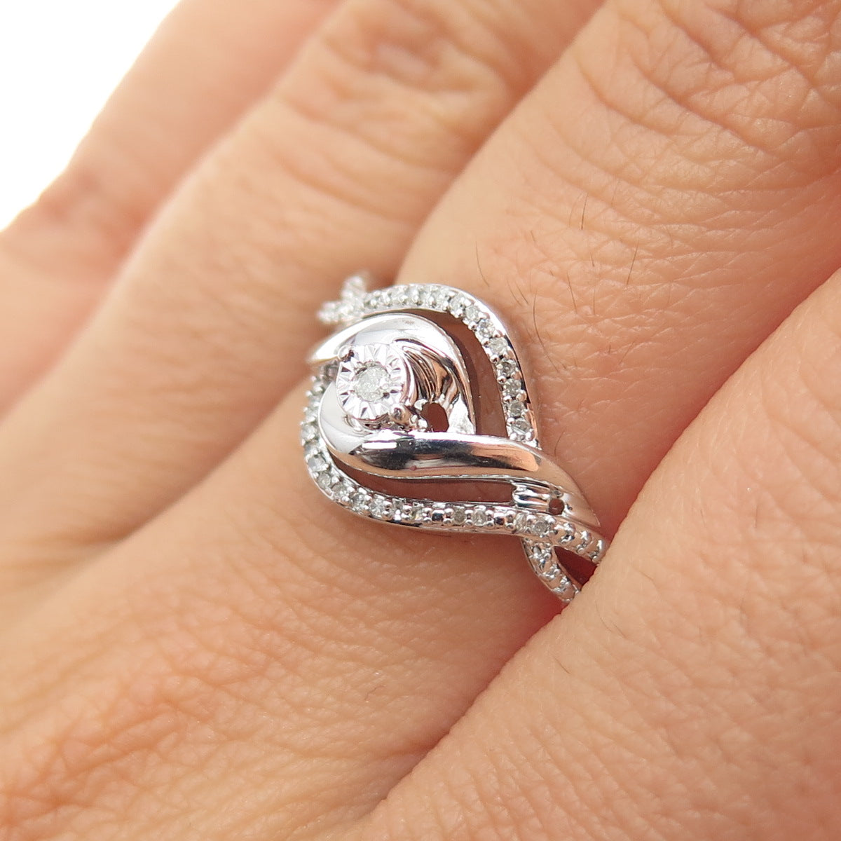 925 Sterling Silver Real Round-Cut Diamond Twisted Ring Size 7
