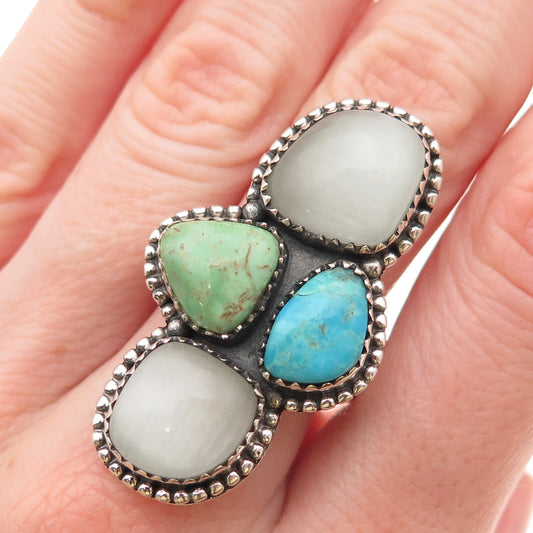 925 Sterling Vintage Multi-Color Turquoise Moonstone Adjustable Ring Size 8.75