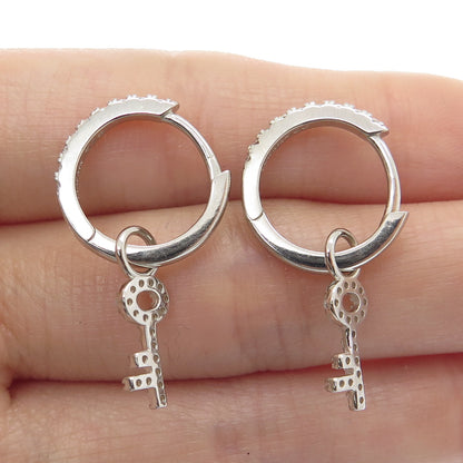 HAN 925 Sterling Silver Round-Cut C Z Key Charm Hoop Earrings