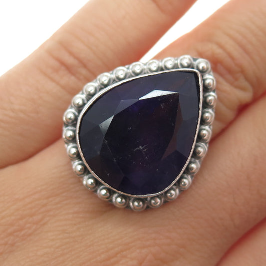925 Sterling Silver Vintage Real Amethyst Beaded Oxidized Ring Size 5.75