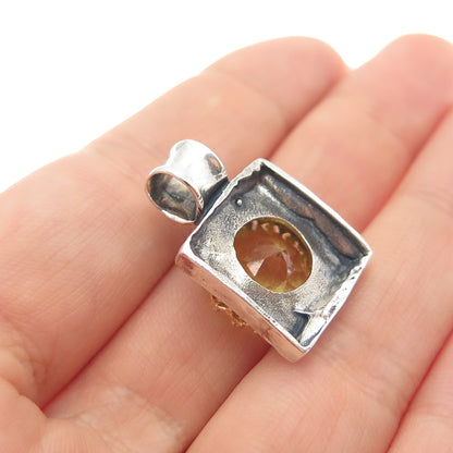 925 Sterling Silver 2-Tone Vintage Real Lime Quartz Hammered Charm Pendant