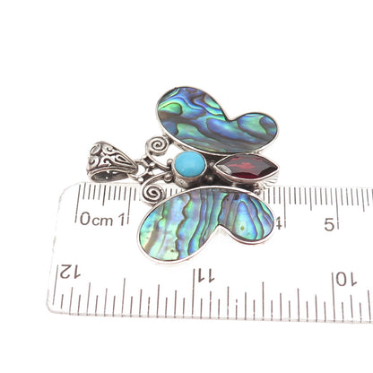 925 Sterling Vintage Real Turquoise Abalone Shell Red Garnet Butterfly Pendant