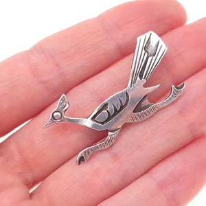 Old Pawn 925 Sterling Silver Vintage Southwestern Roadrunner Tribal Pin Brooch