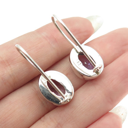 925 Sterling Silver Vintage Real Oval-Cut Amethyst French Wire Earrings