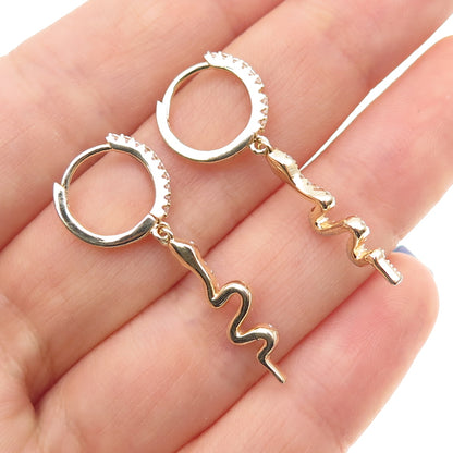 925 Sterling Silver Gold Plated Round-Cut C Z Snake Dangle Hoop Earrings