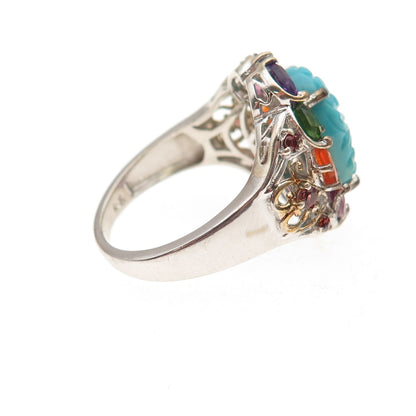 Chuck Clemency 925 Sterling Silver Real Turquoise & Multi-Gem Ring Size 8.25