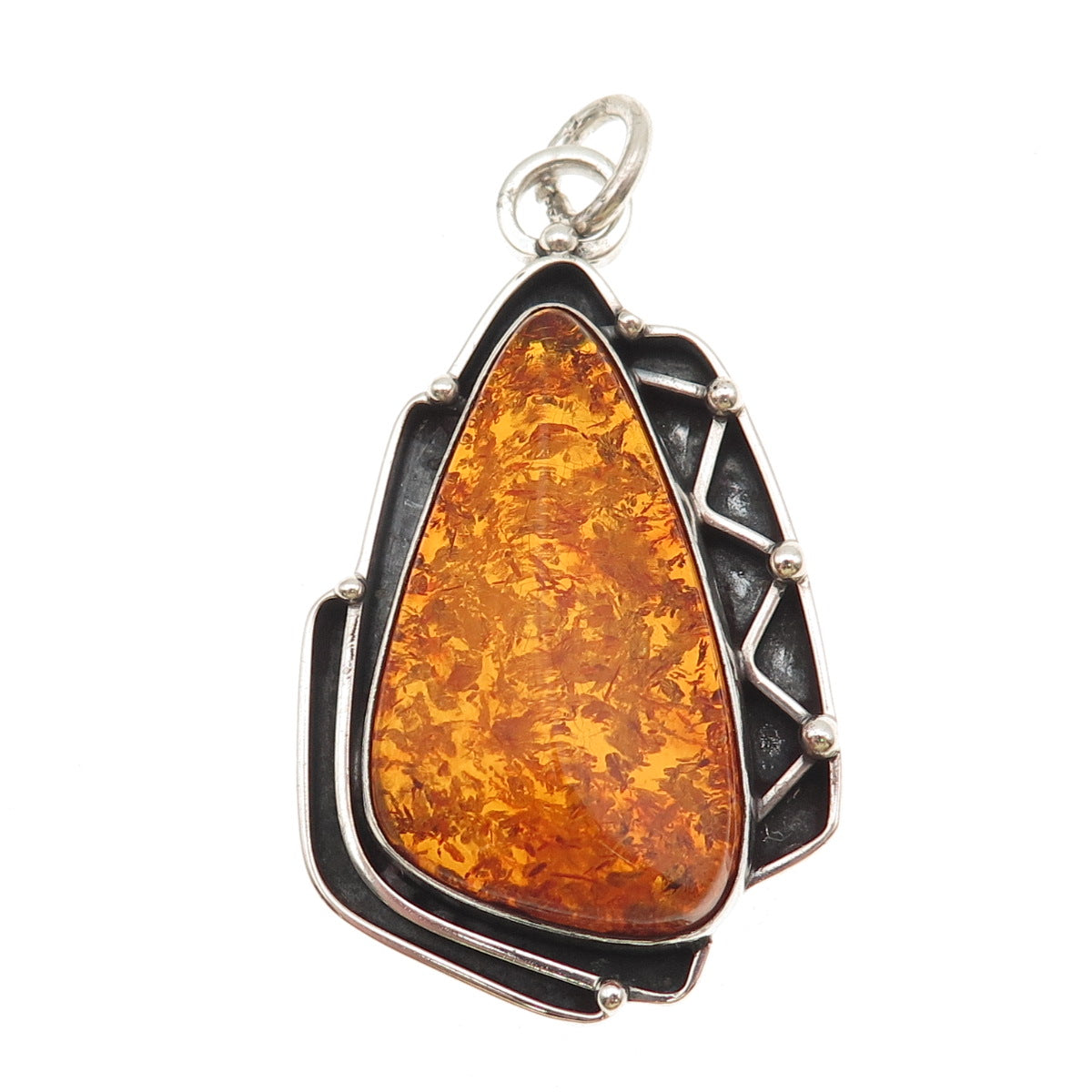 925 Sterling Silver Vintage Real Amber Modernist Oxidized Pendant