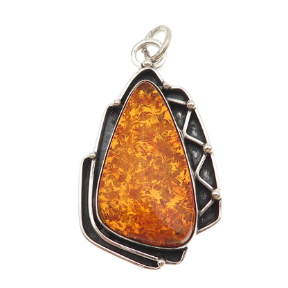 925 Sterling Silver Vintage Real Amber Modernist Oxidized Pendant