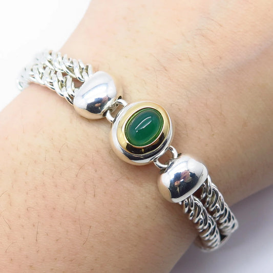 925 Sterling Silver / 14K Gold Vintage Italy Green Onyx Gem Bracelet 6.75"