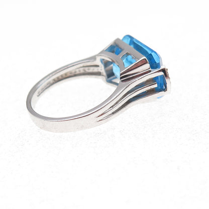 925 Sterling Silver 2-Tone Mexico Real Diamond & Blue Topaz Ring Size 7