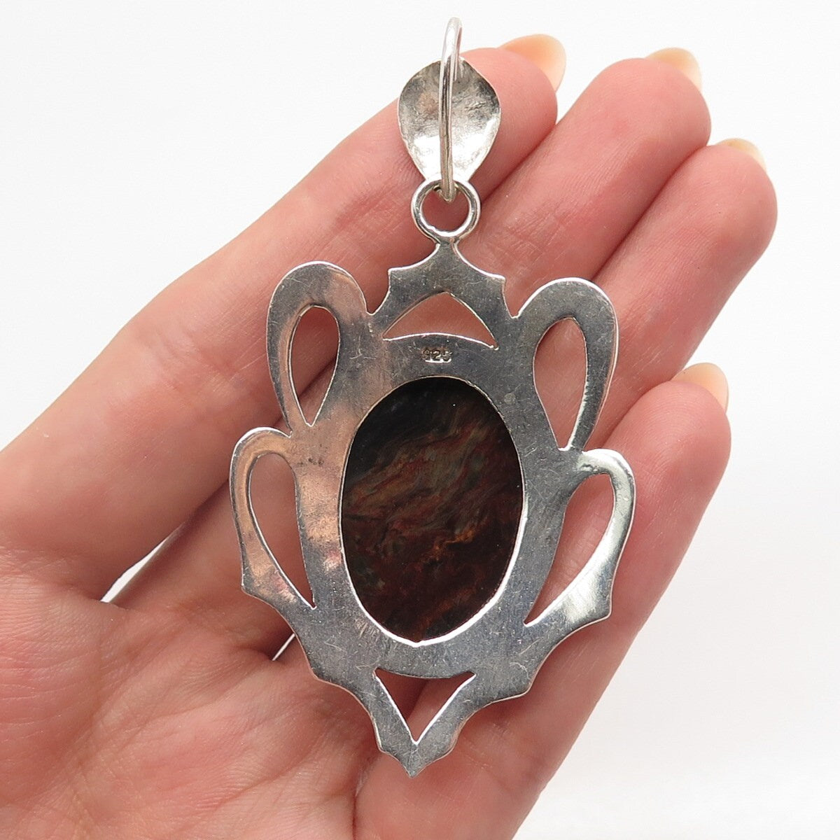 925 Sterling Silver Vintage Real Tiger Iron Gemstone Pendant
