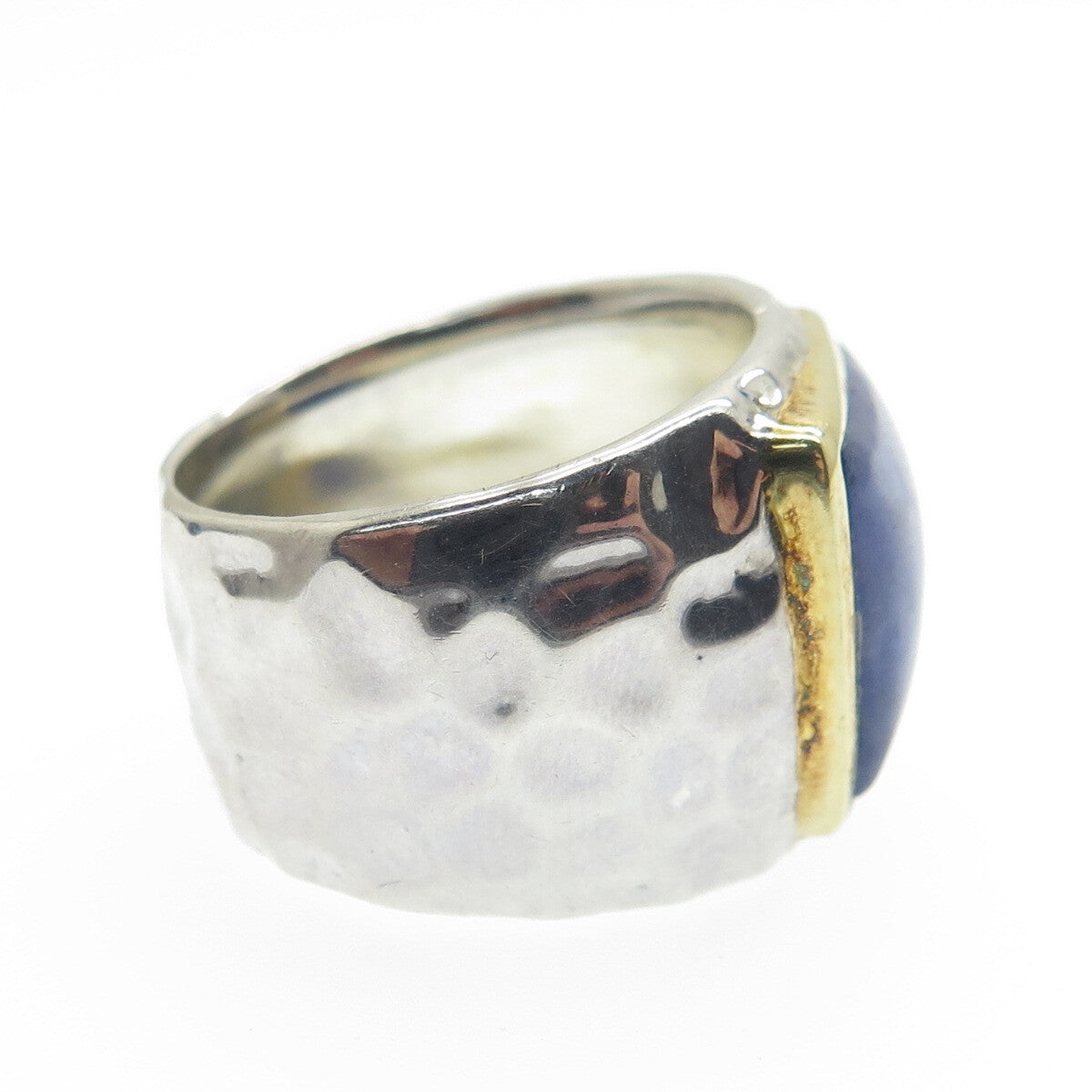 925 Sterling Silver 2-Tone Vintage Real Sodalite Hammered Ring Size 7.5