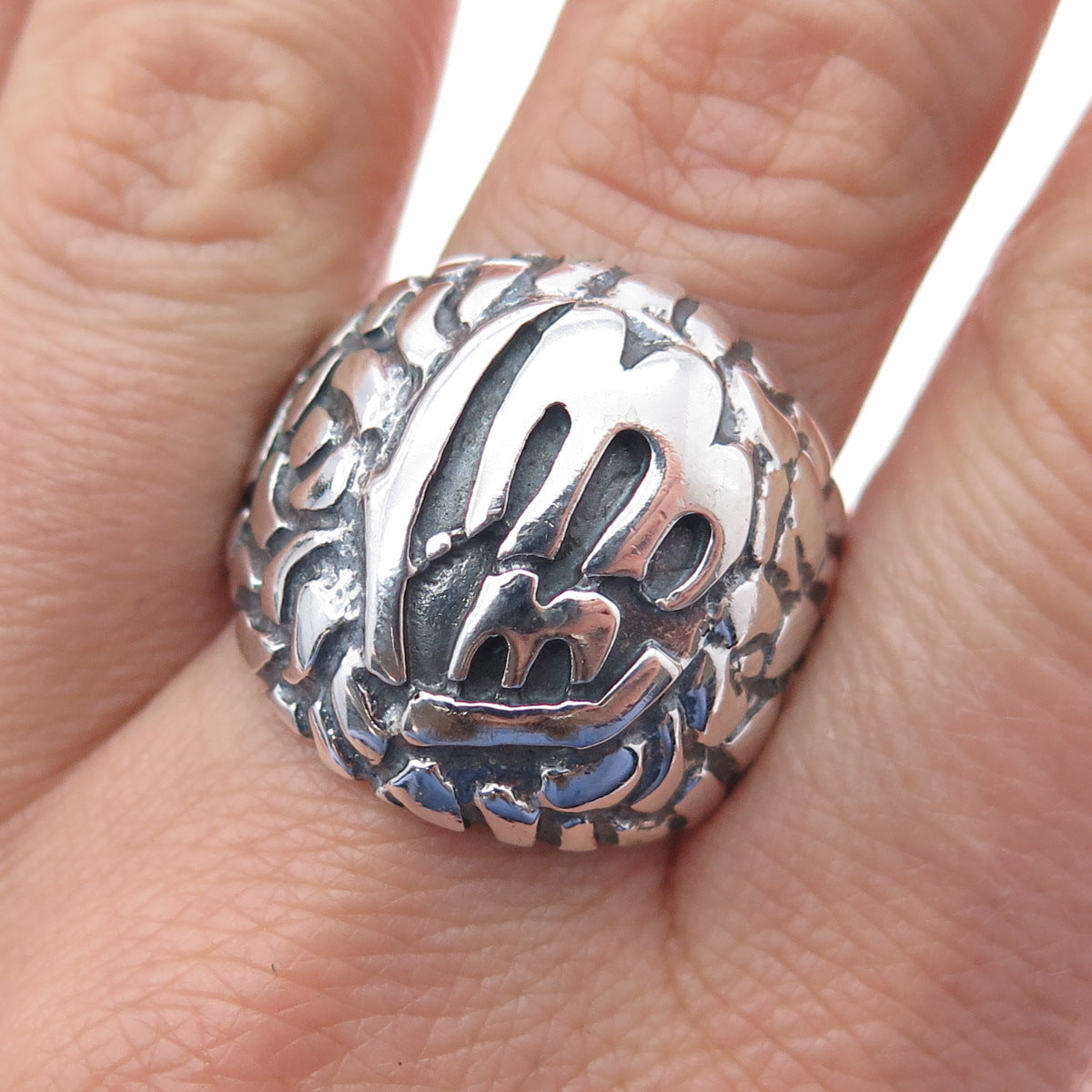 925 Sterling Silver Vintage Muslim Symbols Dome Oxidized Ring Size 12.75