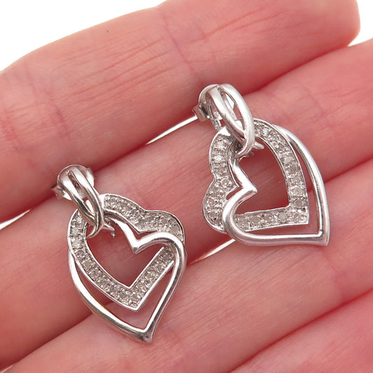 SAI 925 Sterling Silver Real Round-Cut Diamond Double Heart Dangle Earrings
