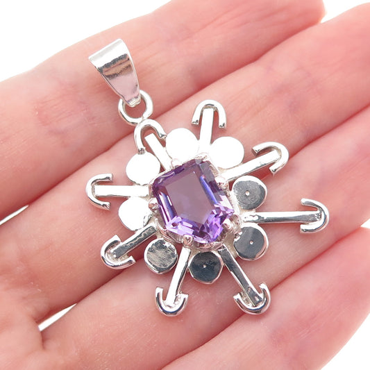 925 Sterling Silver Vintage Mexico Real Amethyst Modernist Charm Pendant