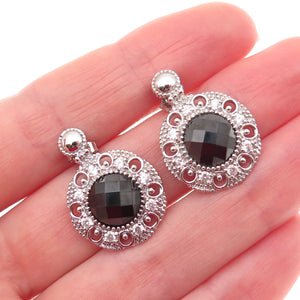 925 Sterling Silver Real Black Spinel & C Z Dangle Earrings