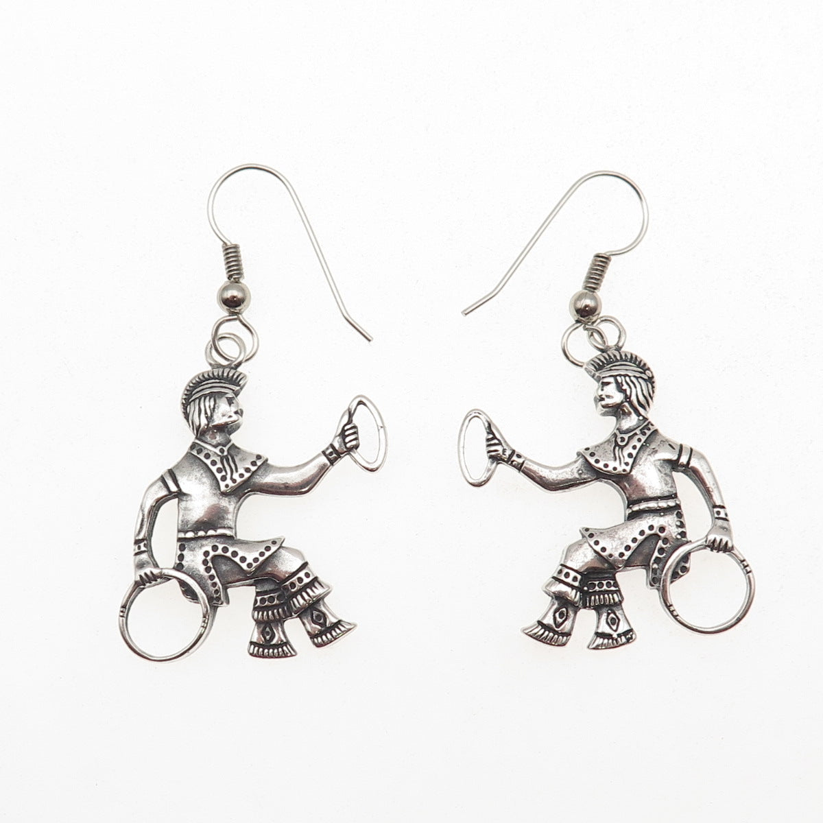 925 Sterling Silver Vintage Mayan Hoop Game Playing Men Oxidized Dangle Earrings