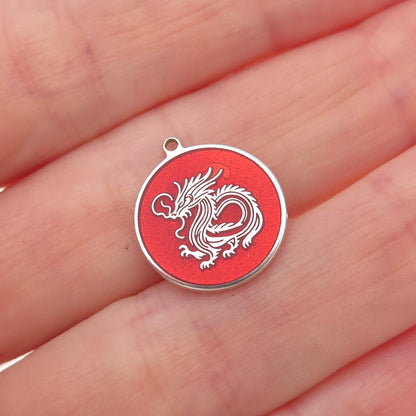 Tokemoti 925 Sterling Silver Red Enamel Chinese Dragon Tag Charm Pendant