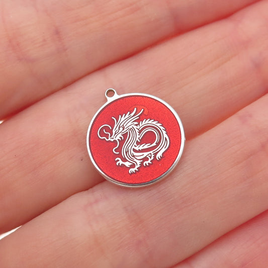 Tokemoti 925 Sterling Silver Red Enamel Chinese Dragon Tag Charm Pendant