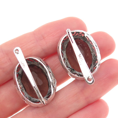 925 Sterling Silver Vintage Real Smoky Quartz Heart Ornate Oxidized Earrings