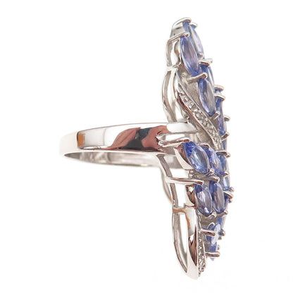 925 Sterling Silver Real Marquise-Cut Tanzanite & White Topaz Floral Ring Size 8