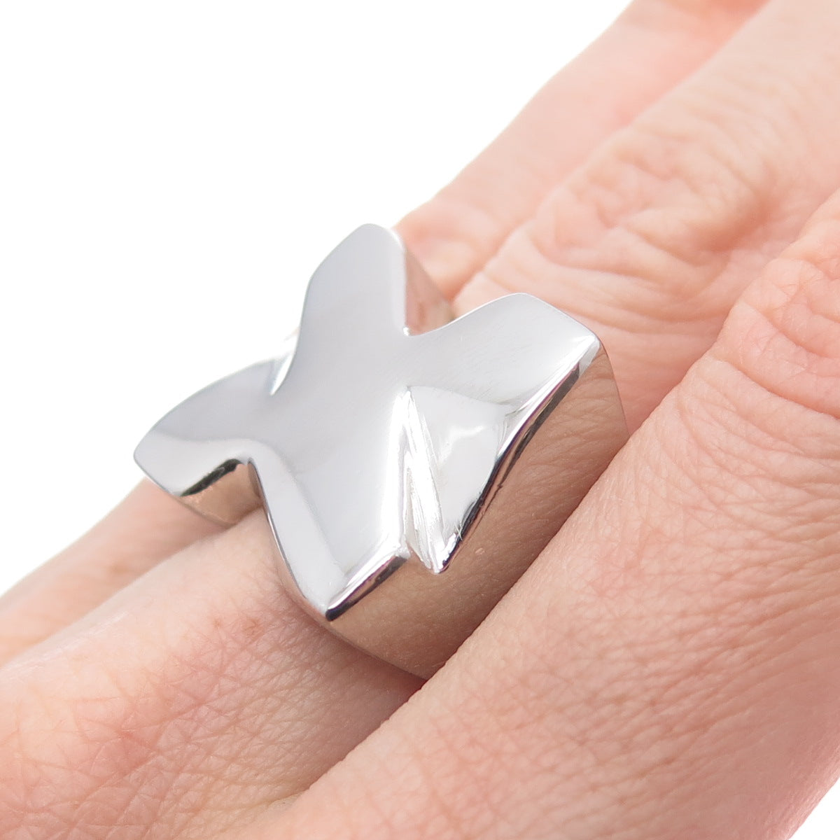 925 Sterling Silver Vintage Modernist X Shape Statement Ring Size 7
