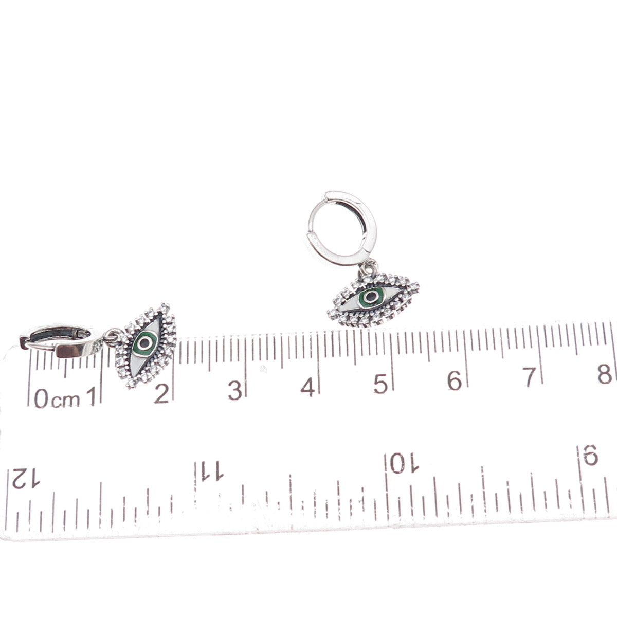925 Sterling Silver Enamel & C Z Evil Eye Dangle Charm Hoop Earrings