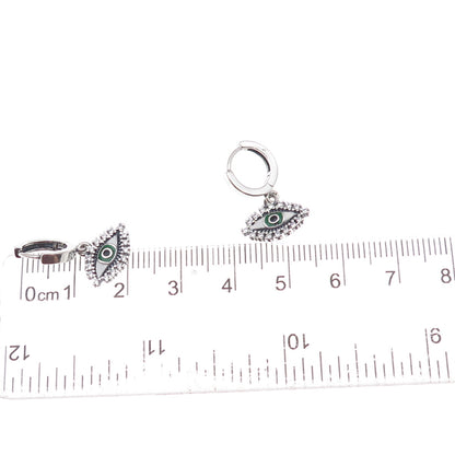 925 Sterling Silver Enamel & C Z Evil Eye Dangle Charm Hoop Earrings