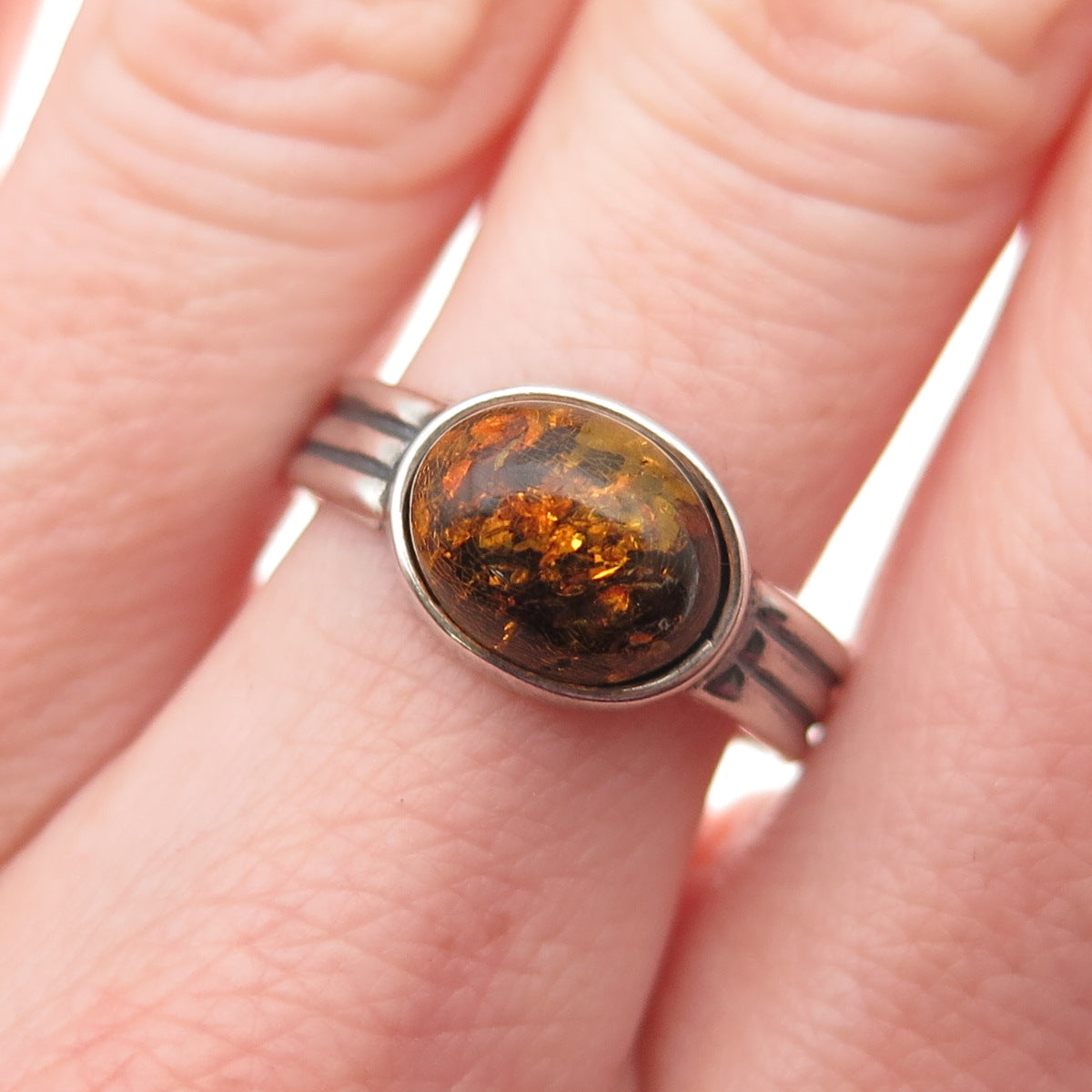925 Sterling Silver Vintage Real Amber Oxidized Ring Size 8