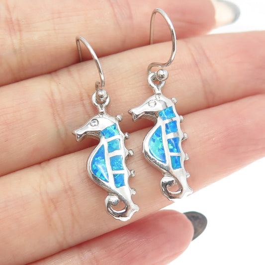 925 Sterling Silver Real Opal & C Z Seahorse Dangling Earrings