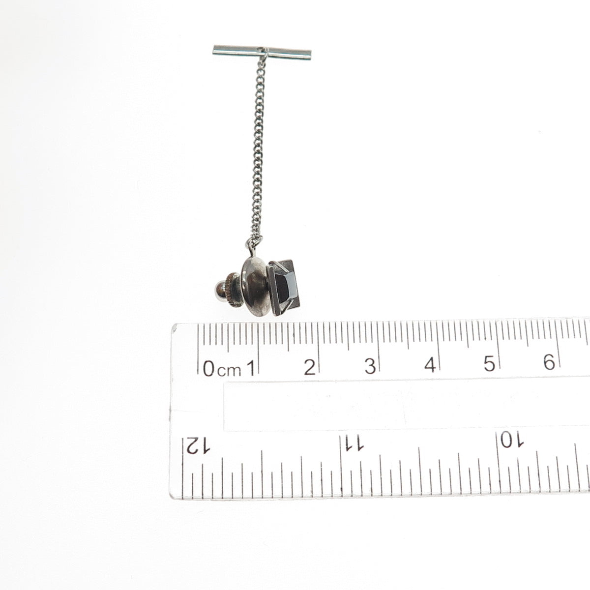 CROWN 925 Sterling Silver Vintage Real Hematite Safety Chain Tie Tack Lapel Pin