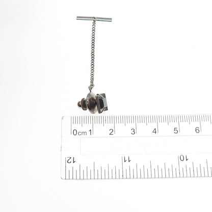 CROWN 925 Sterling Silver Vintage Real Hematite Safety Chain Tie Tack Lapel Pin