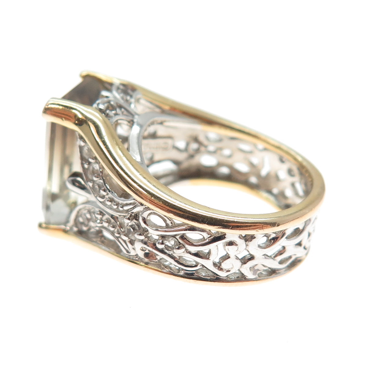 925 Sterling Silver 2-Tone Real Emerald-Cut Smoky Quartz White Topaz Ring Size 5