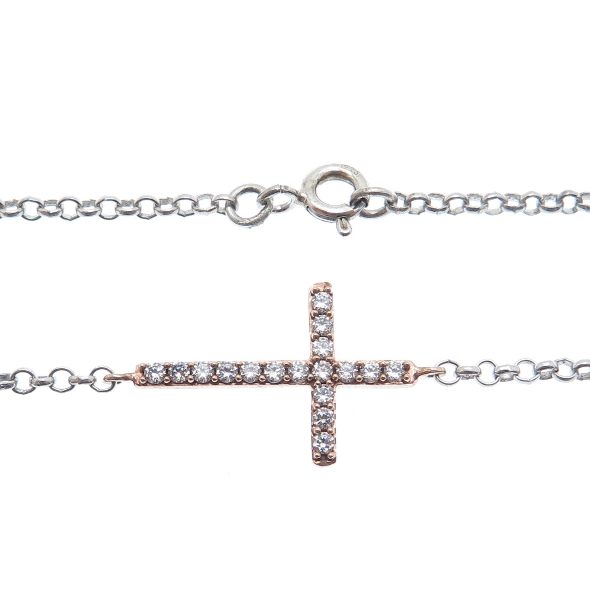 925 Sterling Silver 2-Tone Round-Cut C Z Cross Rolo Chain Necklace 19"