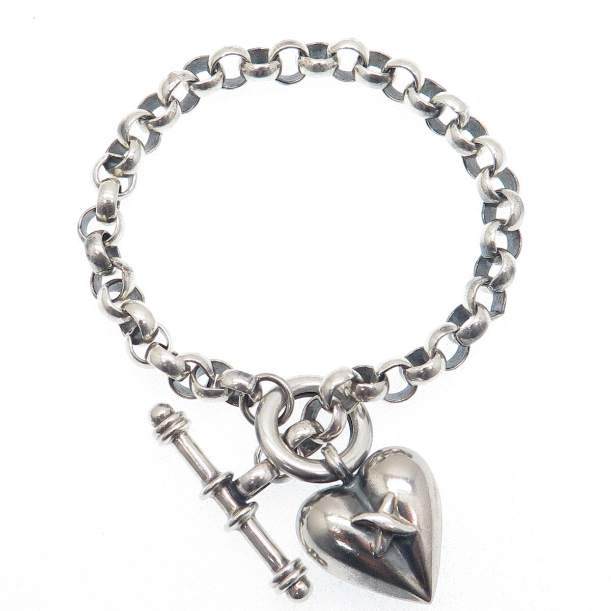 925 Sterling Silver Vintage "X" Heart Charm Oxidized Rolo Link Bracelet 6.75"