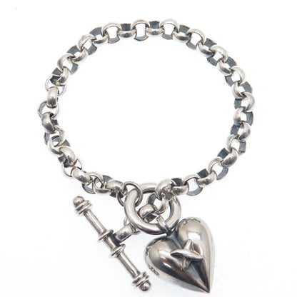 925 Sterling Silver Vintage "X" Heart Charm Oxidized Rolo Link Bracelet 6.75"