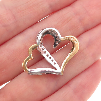 925 Sterling Silver 2-Tone Real Diamond Couple Heart Slide Charm Pendant