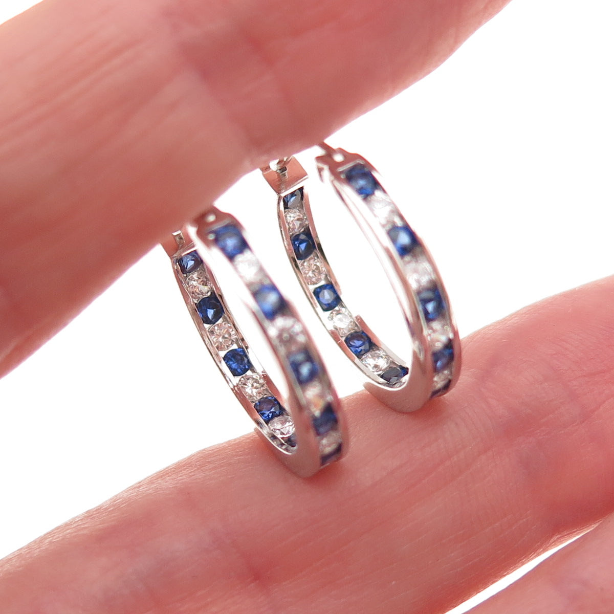 Jacmel Mauritius Sterling Silver Lab-Created Sapphire C Z In & Out Hoop Earrings