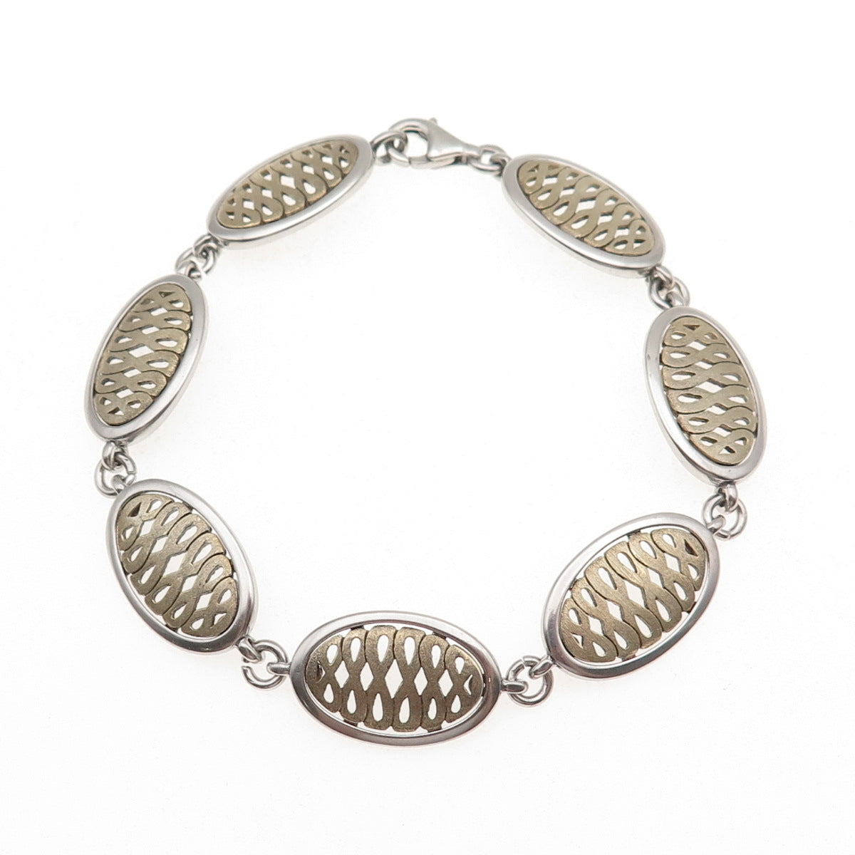 925 Sterling Silver 2-Tone Vintage G Poland Infinity Panel Link Bracelet 7.5"
