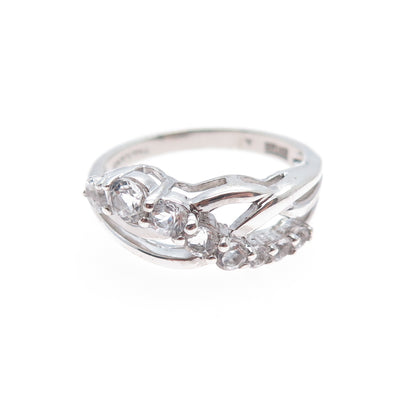 925 Sterling Silver Real Round-Cut White Topaz Crisscross Ring Size 7