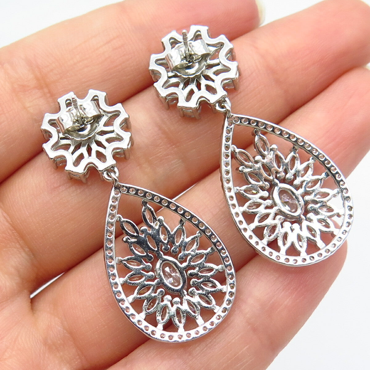 925 Sterling Silver C Z Floral Dangling Drop Earrings