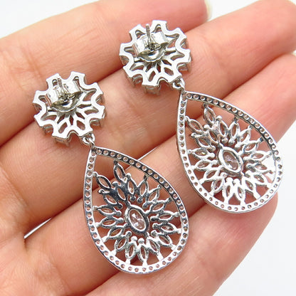 925 Sterling Silver C Z Floral Dangling Drop Earrings