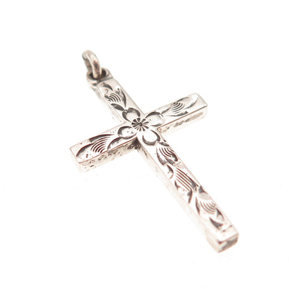 Carl Art Sterling Silver Antique Art Deco Engraved Floral Cross Charm Pendant