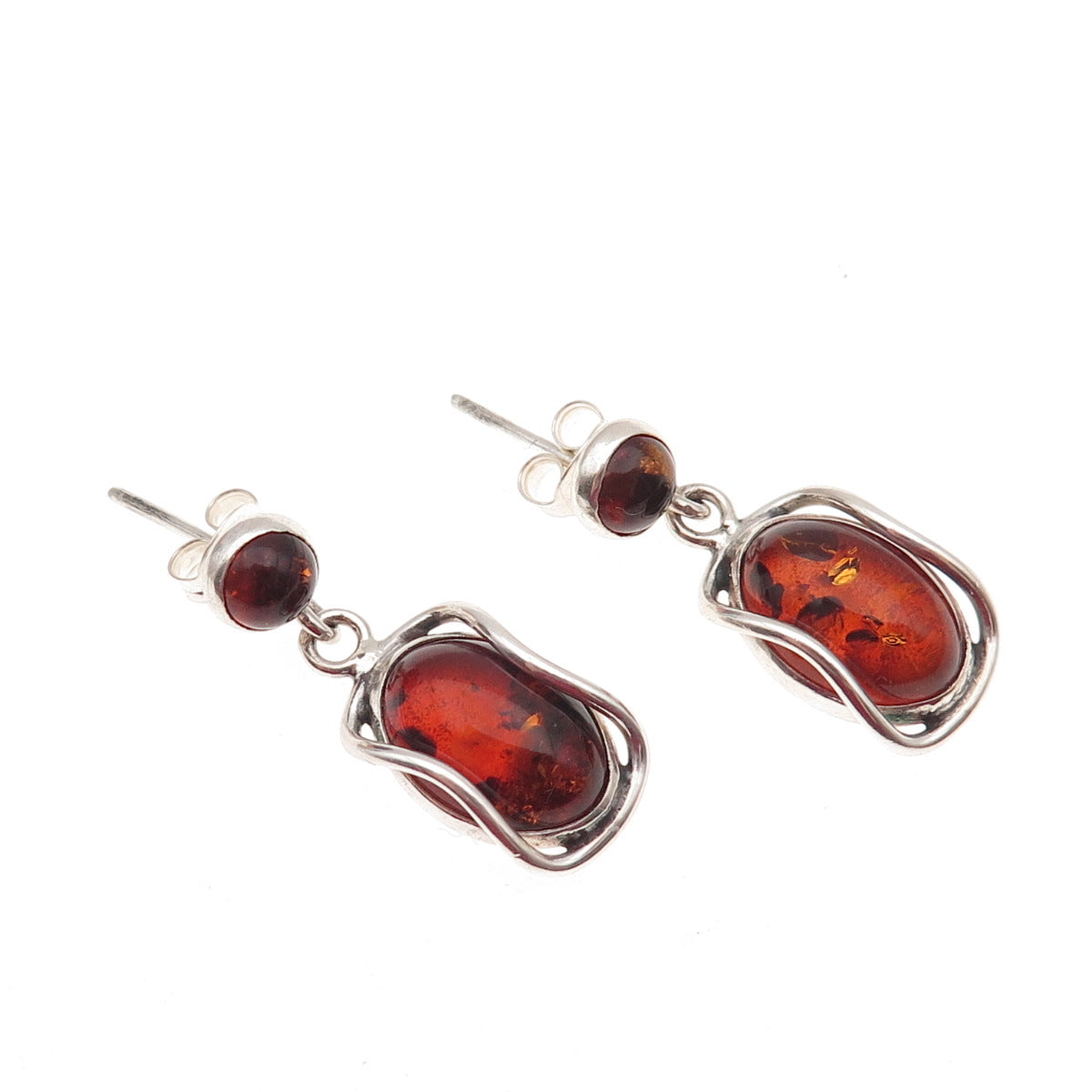 925 Sterling Silver Vintage Real Amber Modernist Oxidized Dangle Earrings
